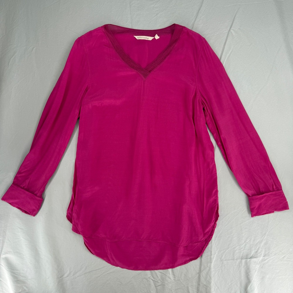 Soft Surroundings Magenta Pink V-Neck Long Sleeve High-Low Tunic Blouse Small